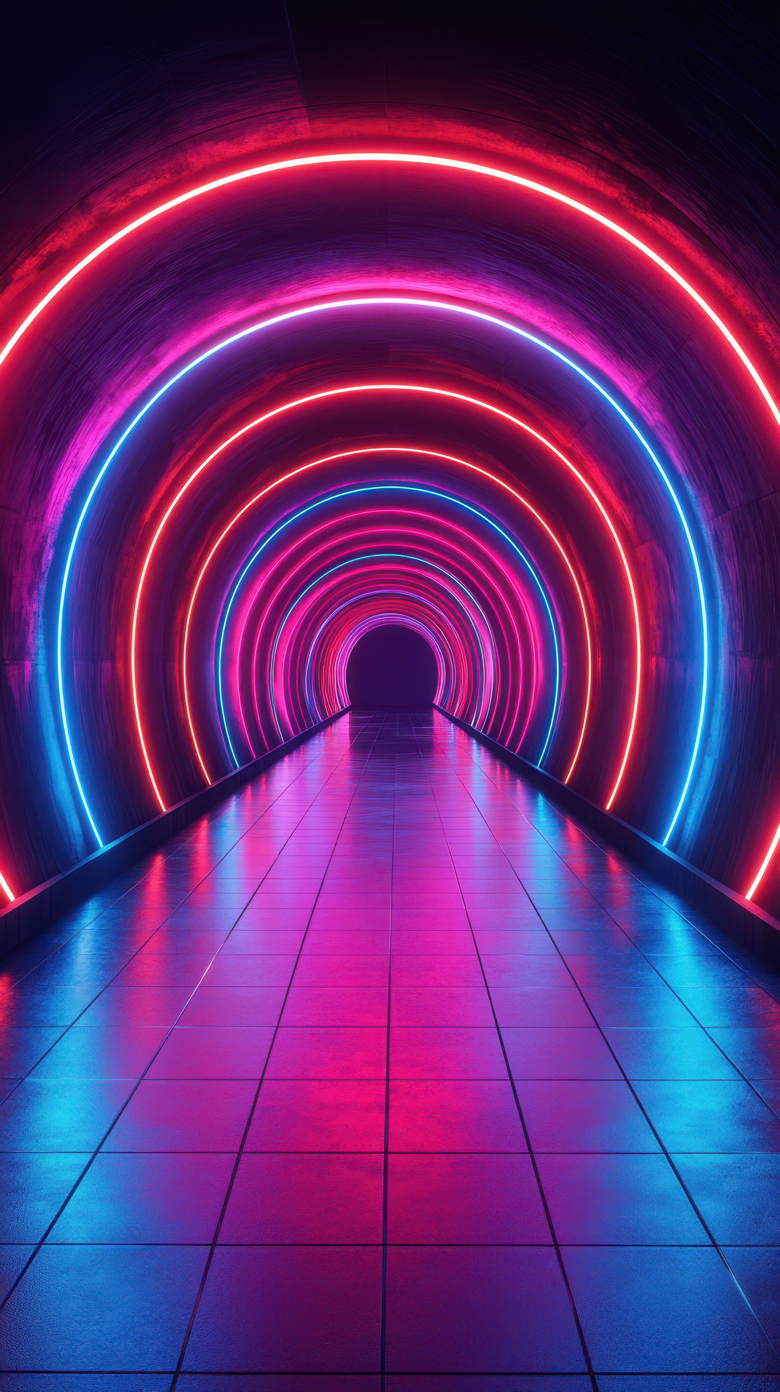 Colorful neon tunnel illuminated with vibrant pink and blue lights at night